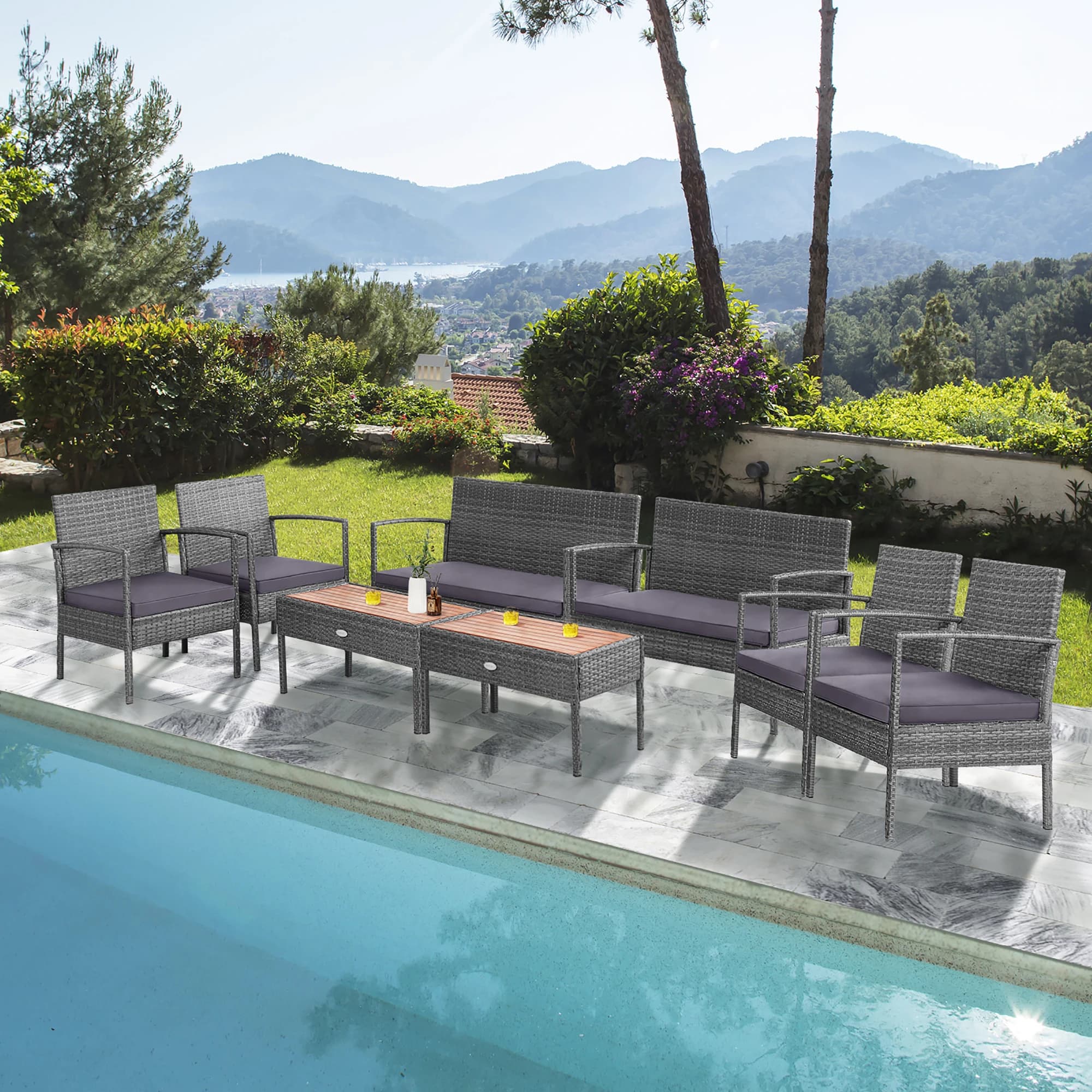 Set of garden furniture in Rattan 8 pieces table chair in grey wood