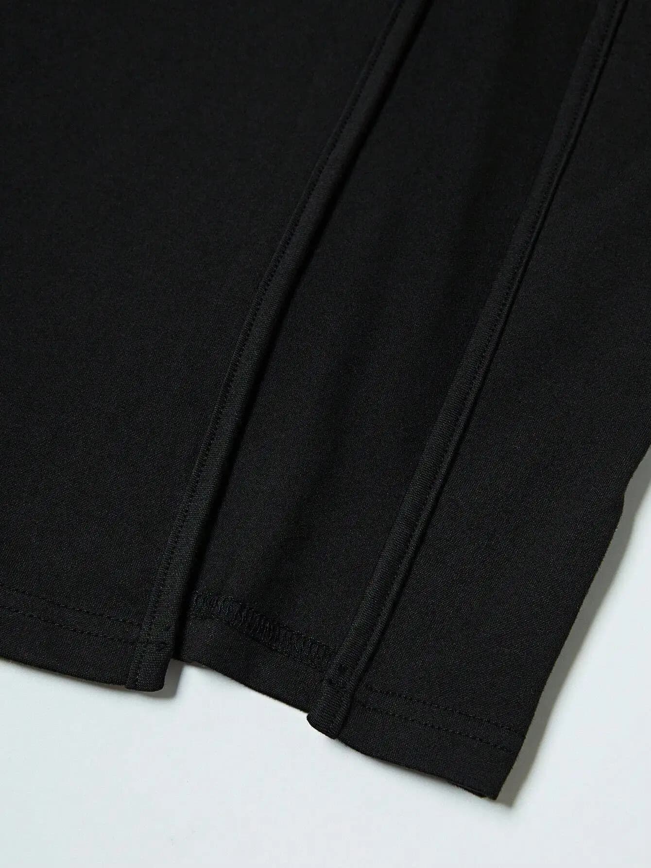 Long sleeveless black dress with perforated details and laces.
