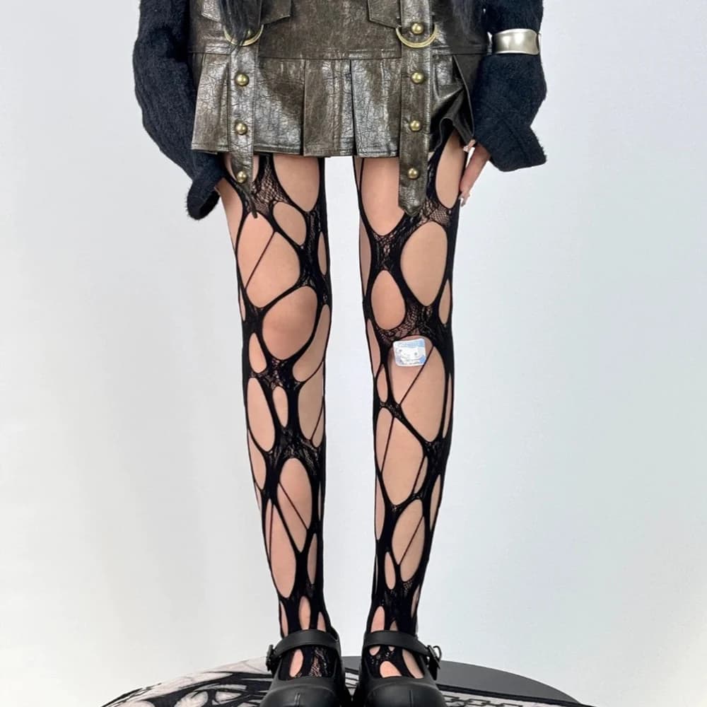 Calza da rete da pesca strappata sexy da donna Calza punk gotico scuro Y2k Calzini firmati in pizzo Calze alte Biancheria intima da festa Collant