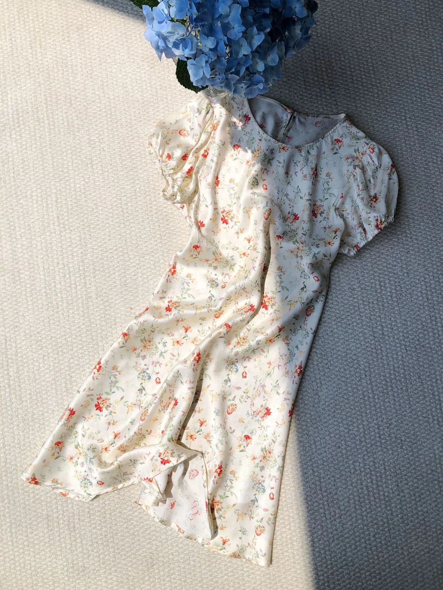 2026 Women Flower Print Dress Puff Sleeve Round Neck High Waist Elegant Slim 100% Silk Mini Robe