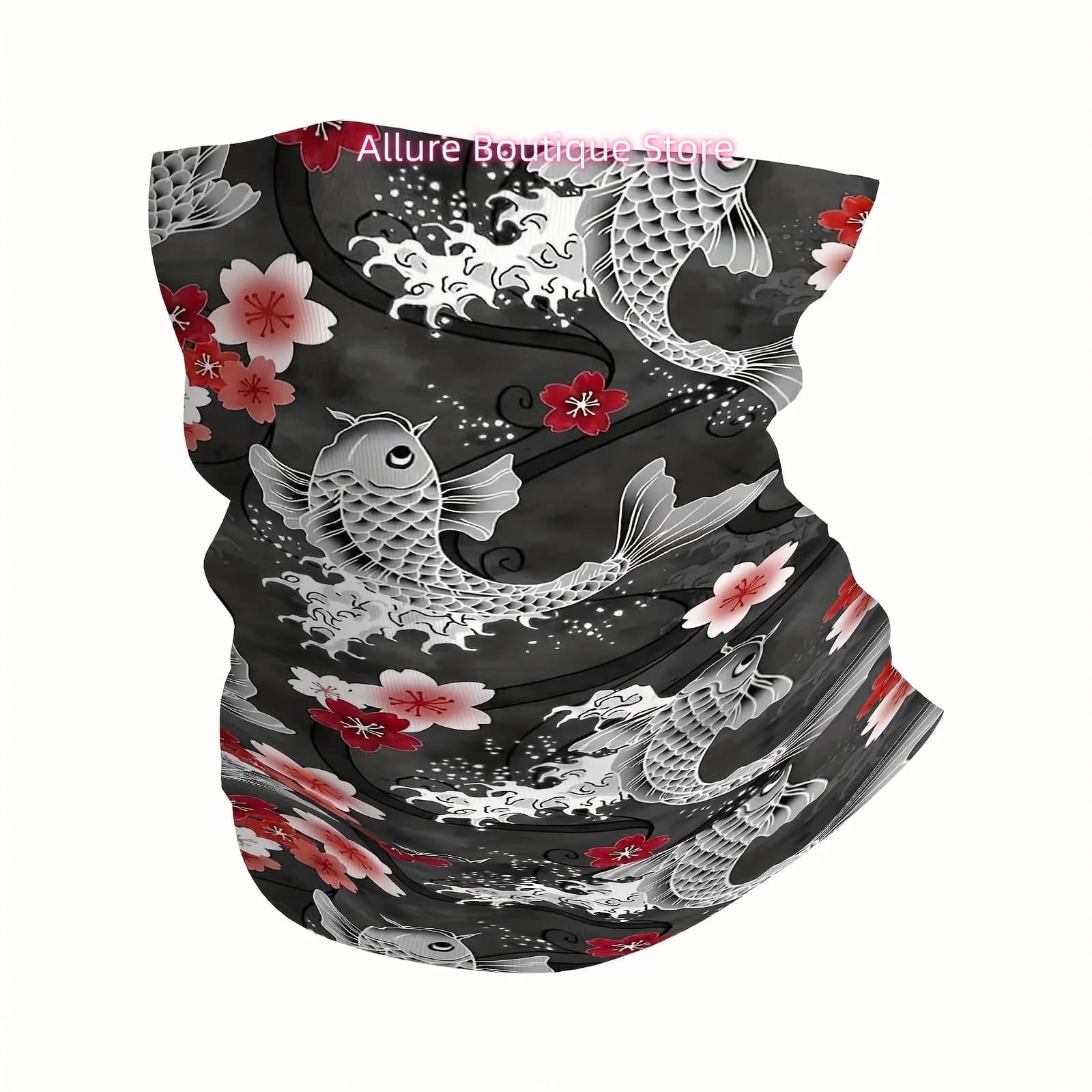 Koi Fish, Cherry Blossoms, Black Background. Print Scarf, Multi Functional Mask and Neck Mask, Suitable for Outdoor and Unisex H