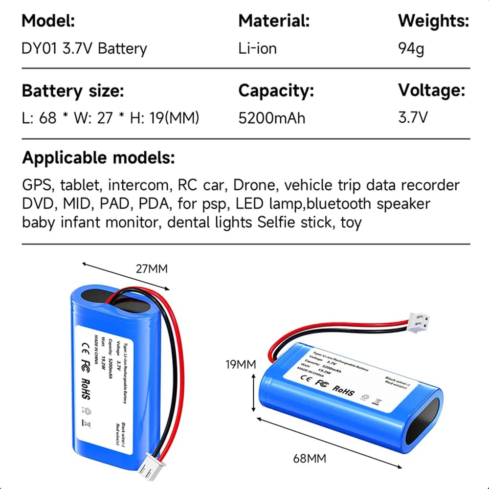 Batteria Ricaricabile agli Ioni di Litio 3.7 Volt 5200mAh per PSP, PAD, Baby Monitor, Auto RC, Batteria Invernale ad Alte Prestazioni