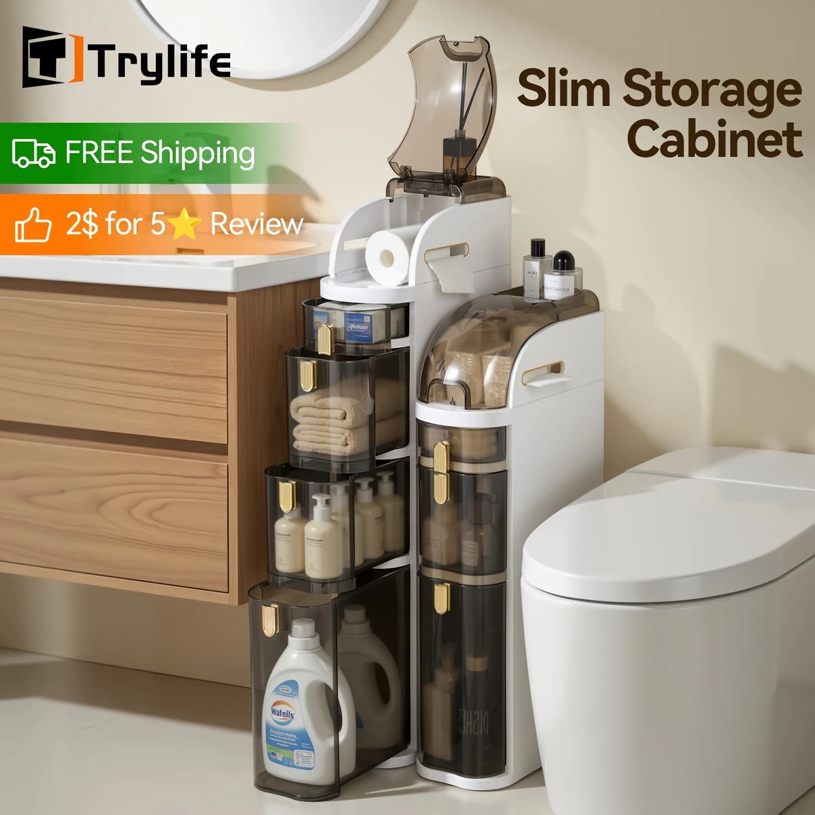 Mobiletto da bagno sottile e largo 7,09 pollici, porta carta igienica completamente assemblato, organizer da pavimento estraibile multiuso impermeabile per piccoli spazi, carrello salvaspazio ideale per cucina, camera da letto e soggiorno, salvaspazio e robusto