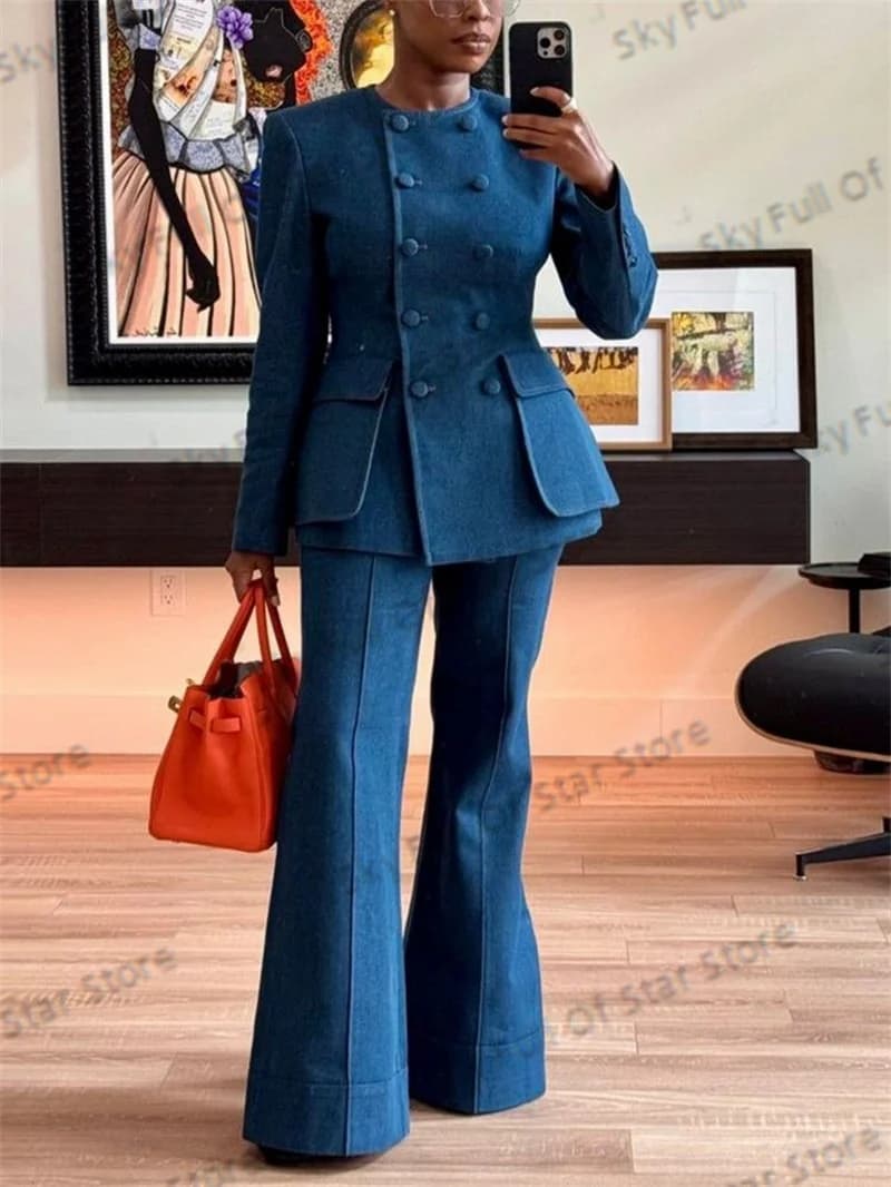 Denim Blue Women Suit Set Customized 2 Pcs Blazer+Flare Pants Trousers Double Breasted Formal Office Jacket Wedding Prom Coat