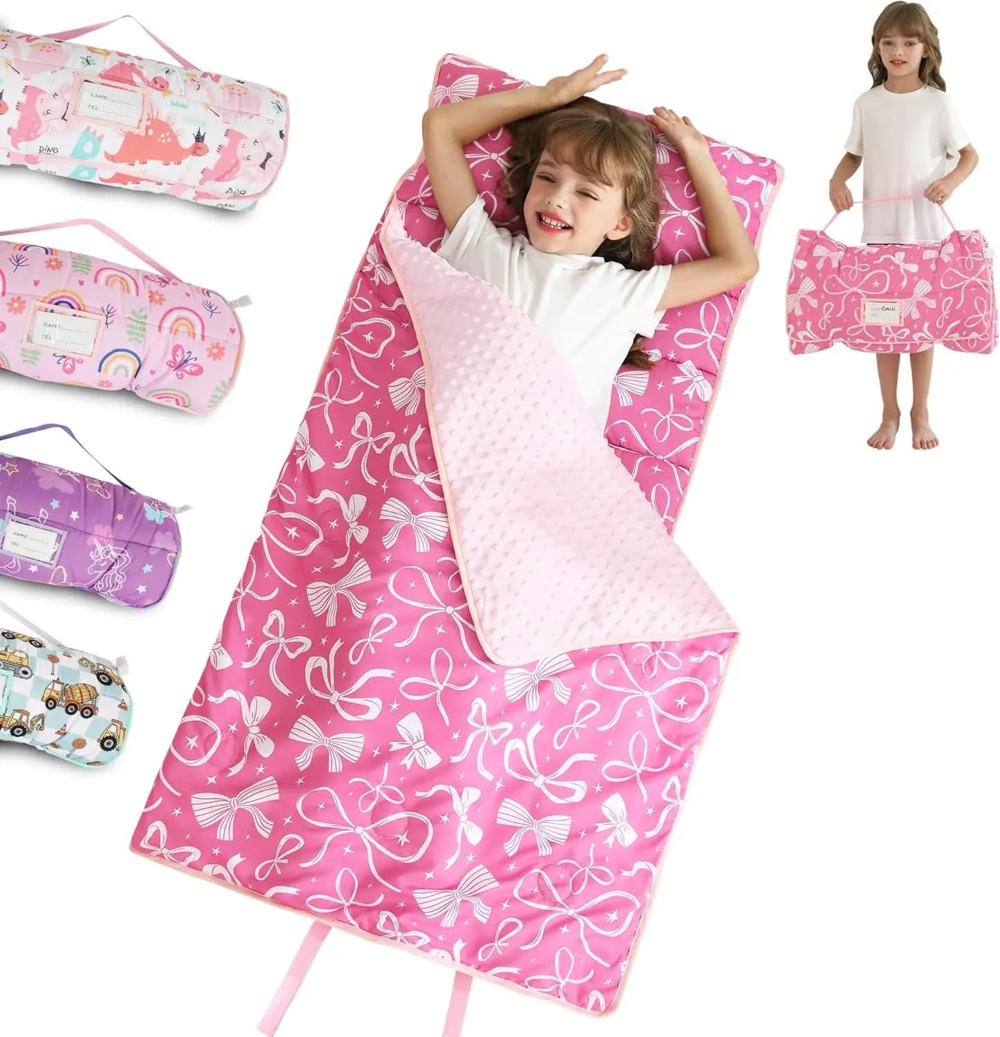 Children's 50'''x30''' rest pad with removable pillow and minky blanket, rollable soft sleeping bag for nursery and kindergarten from 3 to 7 years old