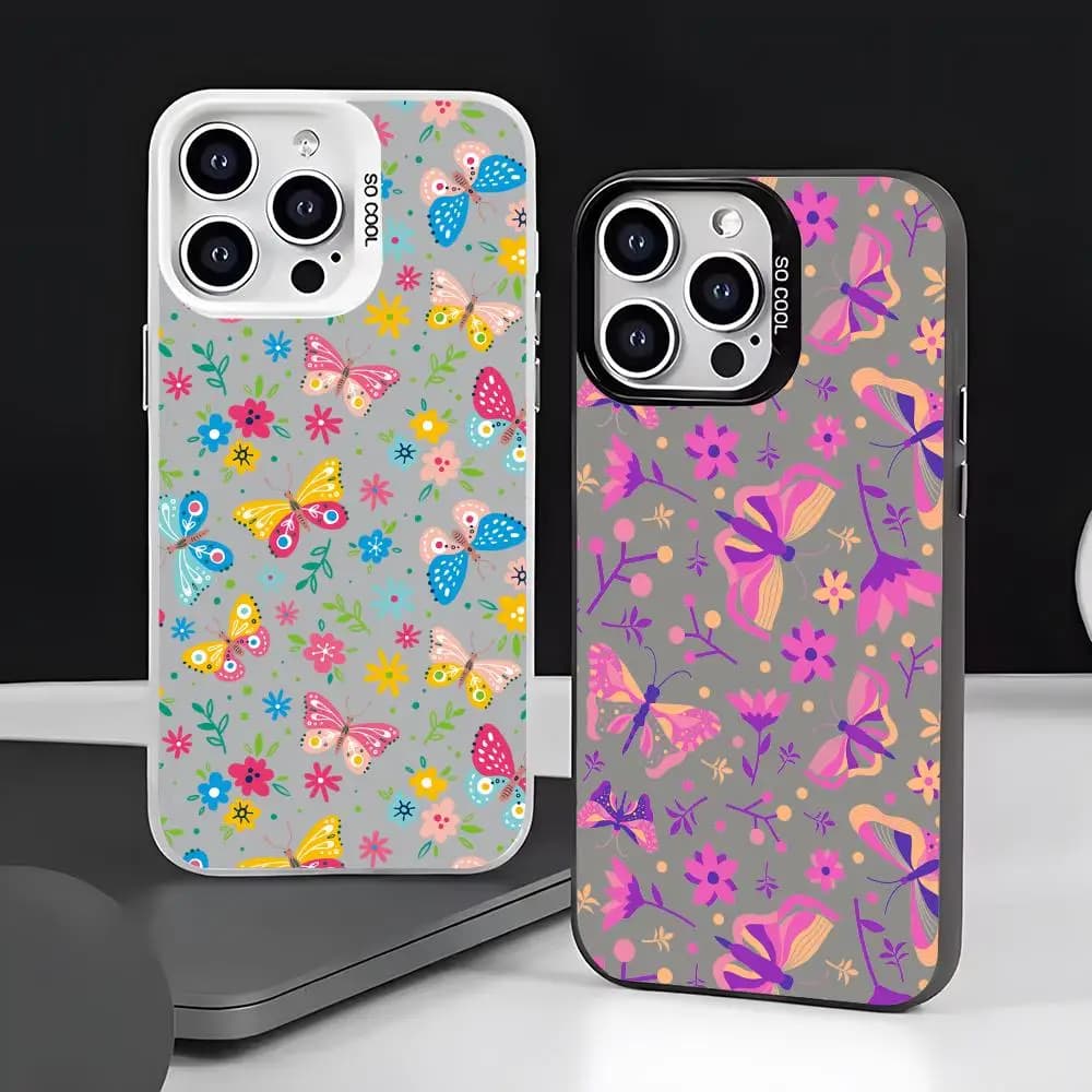 Phone case with flower pattern and butterflies for iPhone 17 15 14 13 12 11 Pro Max Air, opaque, laser, Aurora, shockproof