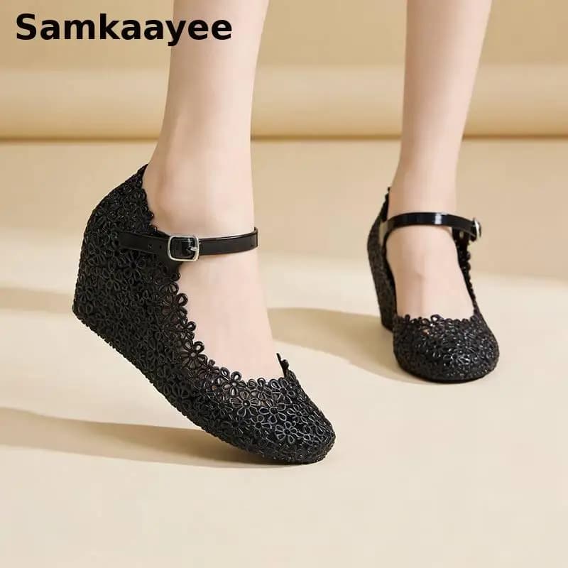 Sandali Donna 36-41 Estivi con Zeppa e Suola Spessa, Scarpe Trasparenti con Cristalli, Calzature da Spiaggia Nere con Plateau e Dettagli Vuoti