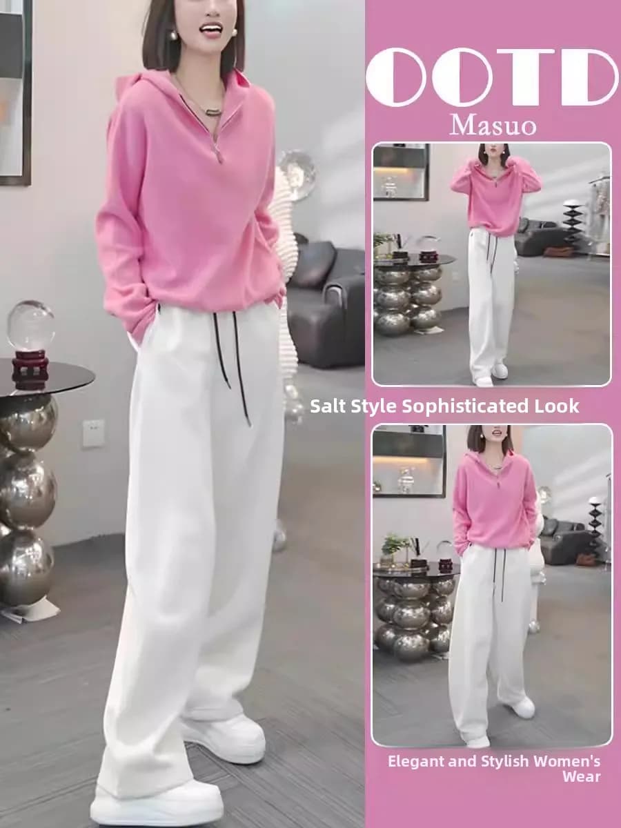 Spring Autumn 2026 Ladies Pink Hoodie Wide Leg Pants Set Fashionable Casual Wear High Waist Comfortable mid Thickness