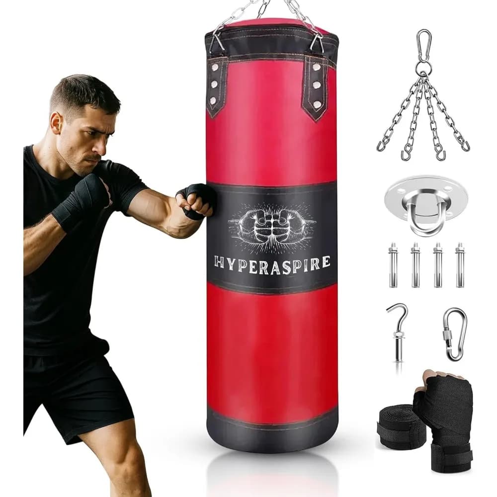 Set Sacco da Boxe Pesante da 120 cm per Adulti con Fasce per Mani e Catena, in Pelle PU, Vuoto, per MMA, Karate, Kickboxing, Allenamento a Casa