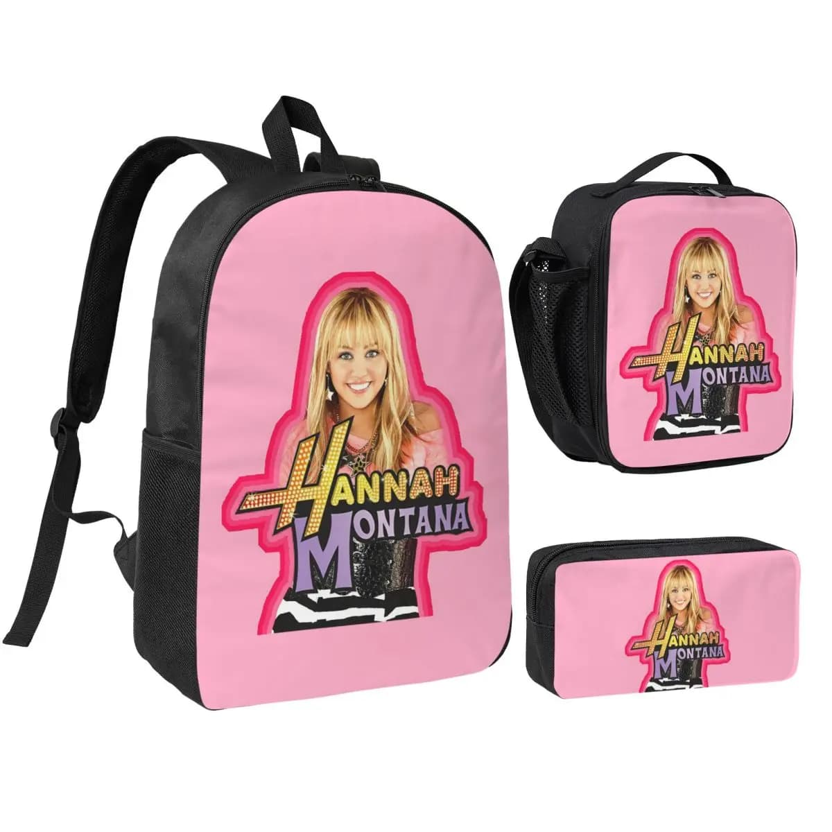 Zaino Hannah Montana Collage, Borsa per Studenti, Borsa a Tracolla, Set 3 Pezzi con Borsa Termica per il Pranzo e Astuccio