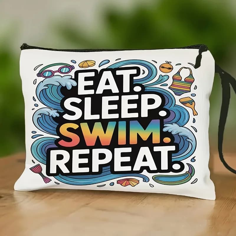 Lightweight Swim-Themed Women/Men "Eat Sleep Swim Repeat" Makeup & Toiletry Organizer Bag with Swim Goggles Print & Wristband Co