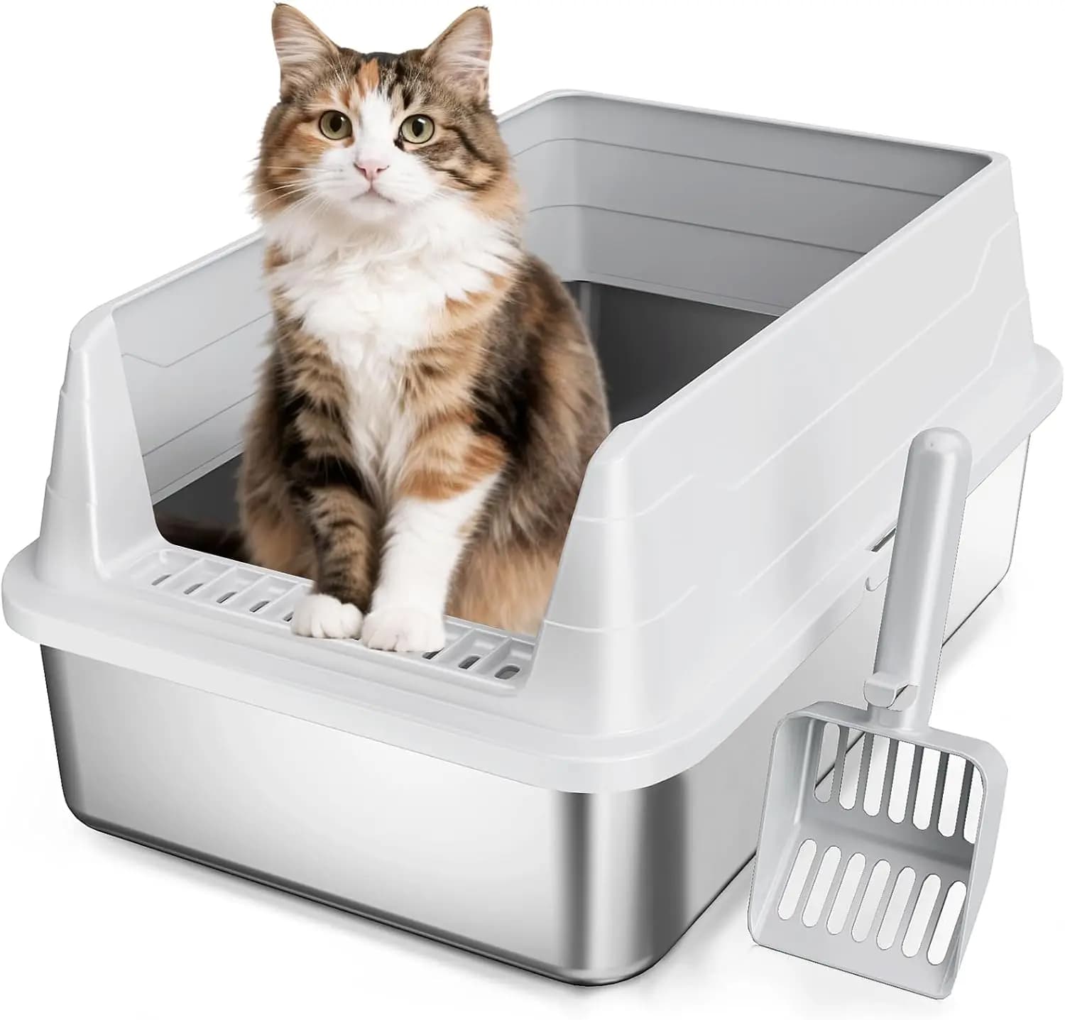 Stainless Steel Cat Litter Box, Odor Free Metal High Sides, Open Top Low Entry with Scoop, Easy Clean Anti-Scratch Non-Sticky