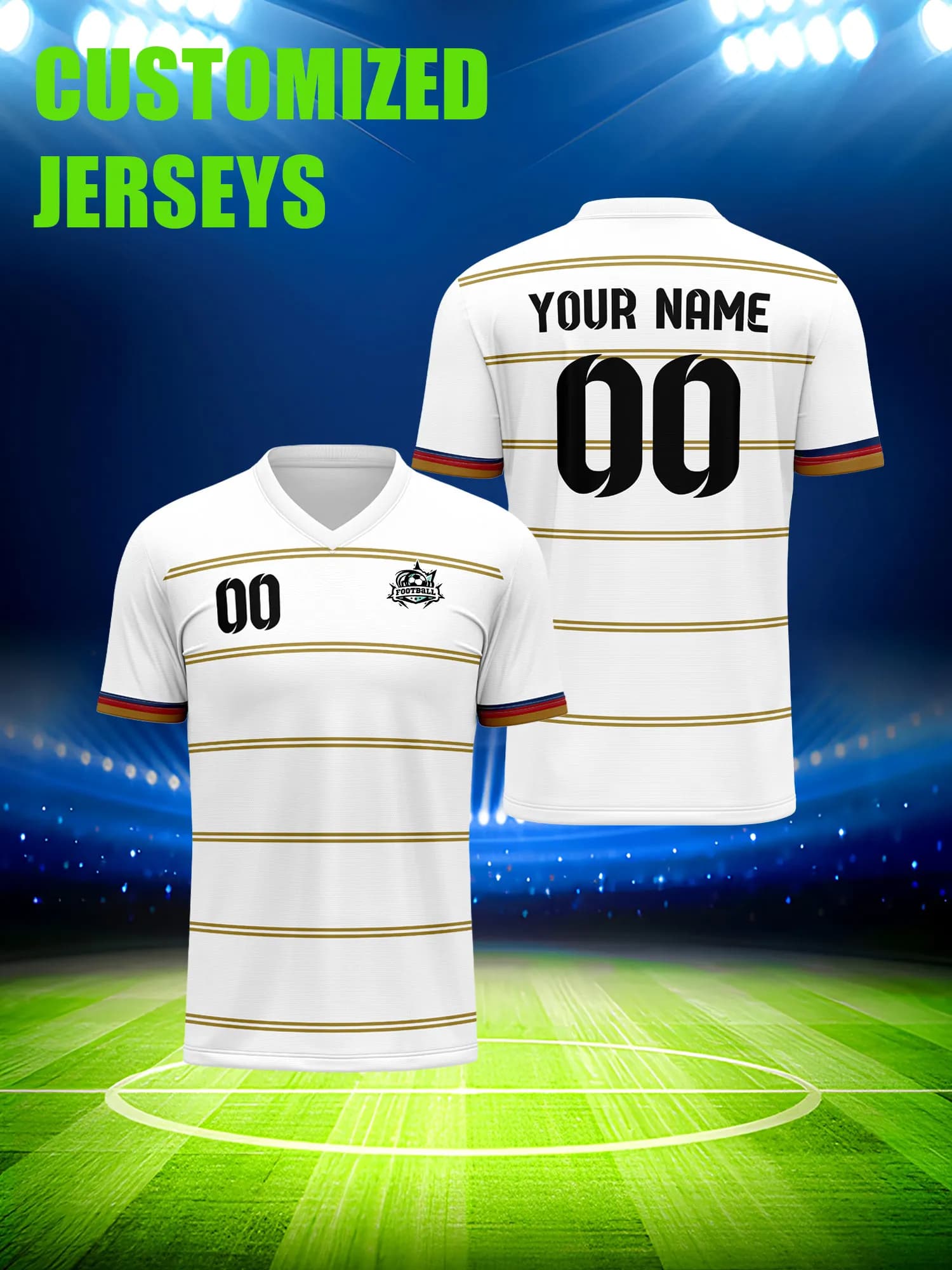 Customized football jersey with image, number and custom name, sportswear for athletic performance teams.