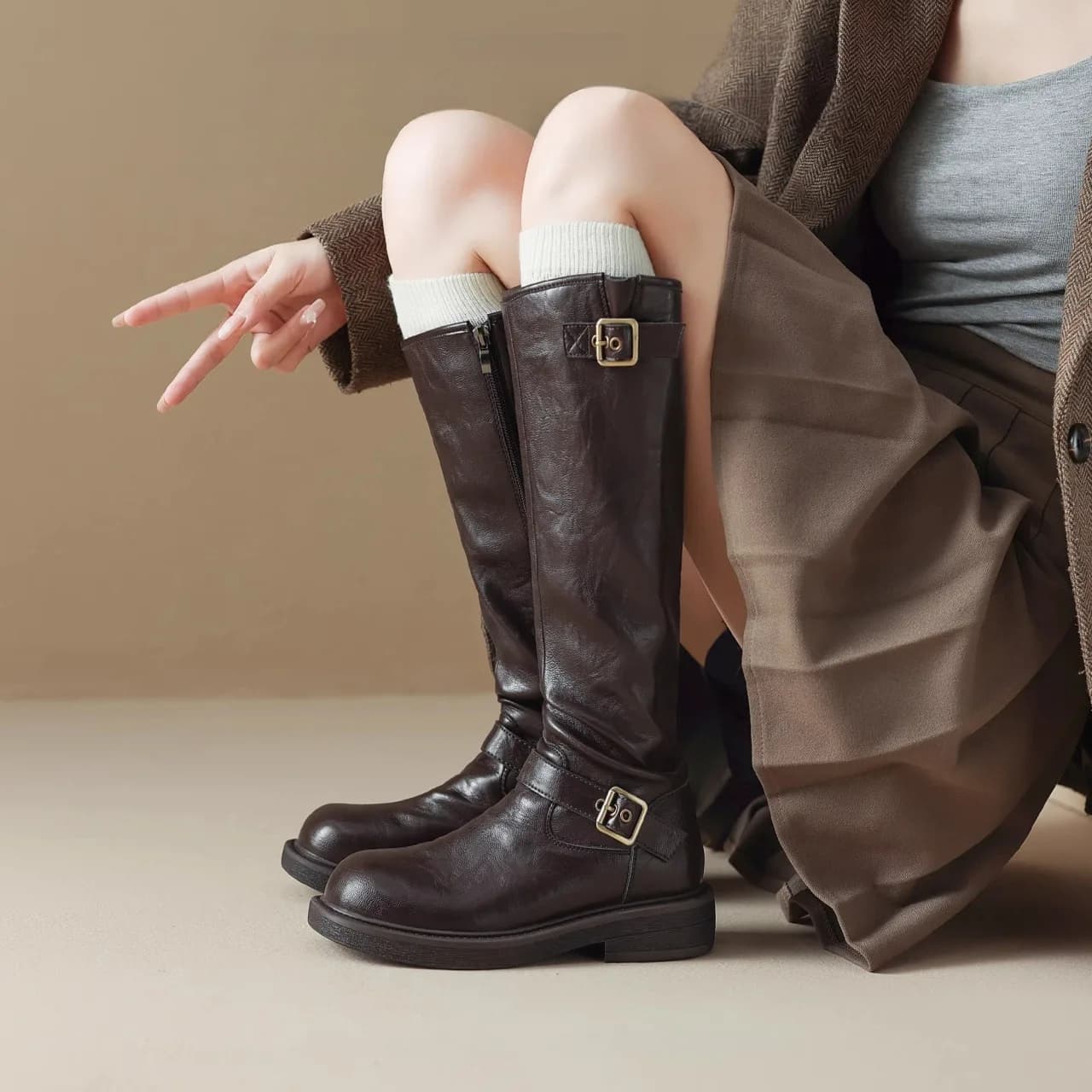 Women's boots 2026 new round toe anti slip side zipper thick heel knight boots women's fashion boots high top long tube boots