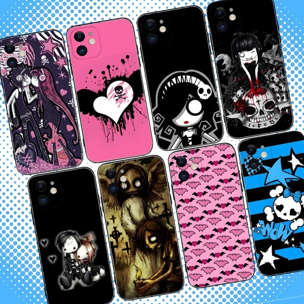 Custodia per telefono Love Black And Cute Emo Goth per iPhone 16,15,14,13,12,11,Pro,Max,Plus,X,XS,XR,SE,8,7,Mini, custodia morbida in silicone nero