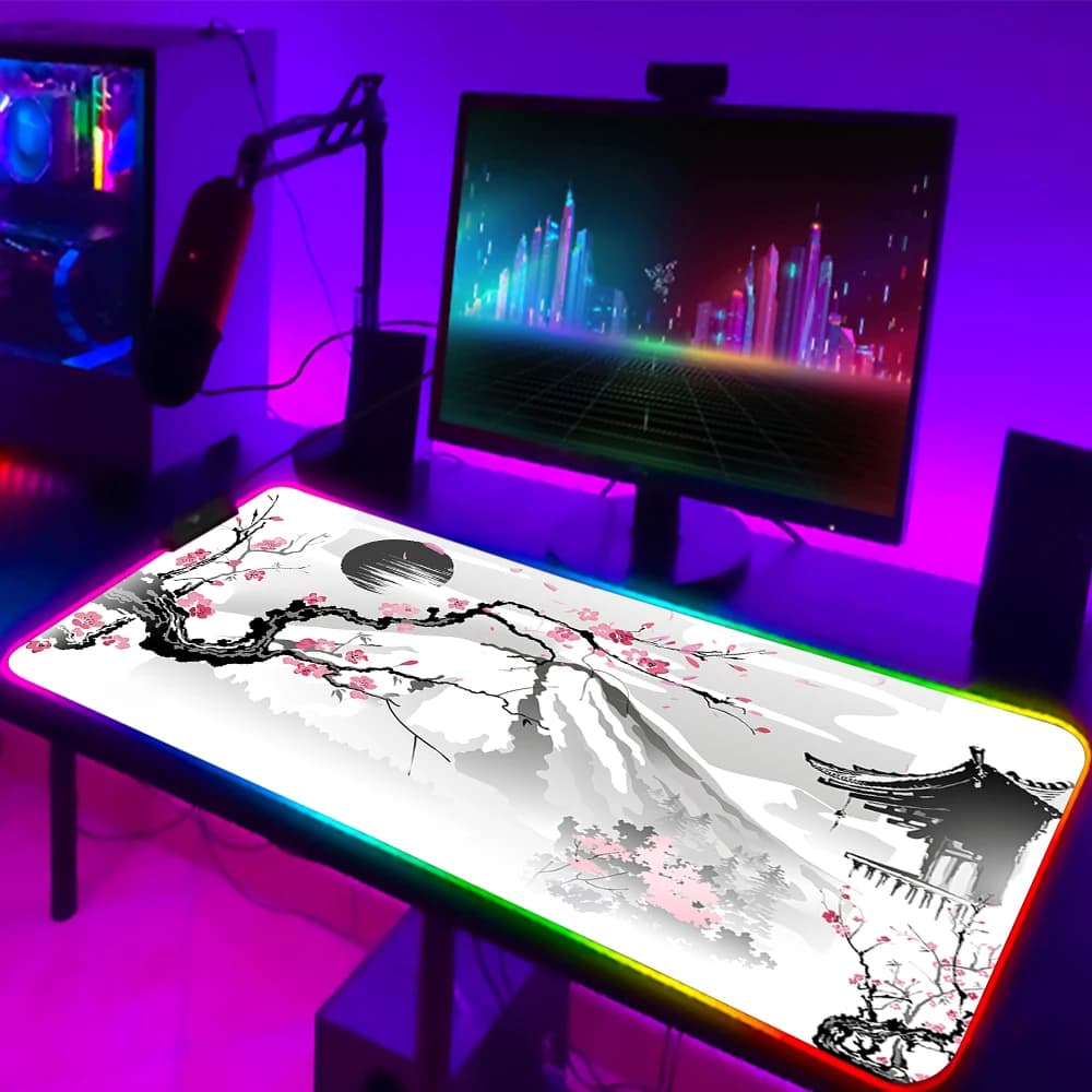 Tappetino per mouse per computer Sakula Tappetino antiscivolo in fiore di ciliegio giapponese Tastiera in gomma grande Tappetino per retroilluminazione RGB Tappetino per cose con punti a LED