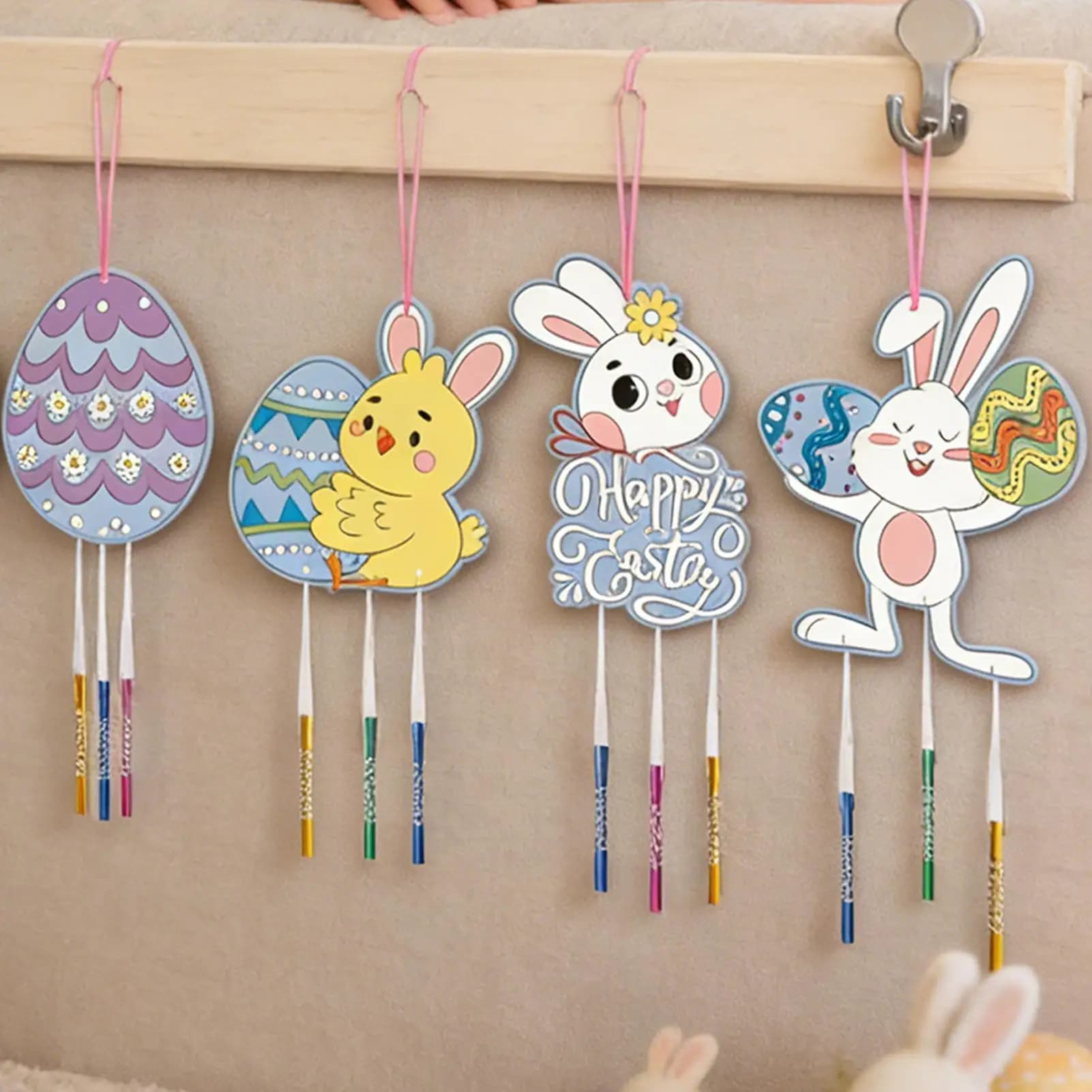 Wooden Easter Rabbit Wind Chimes Handicrafts DIY Coloring Easter Hanging Pendant Unfinished Paint Art Easter Decorations