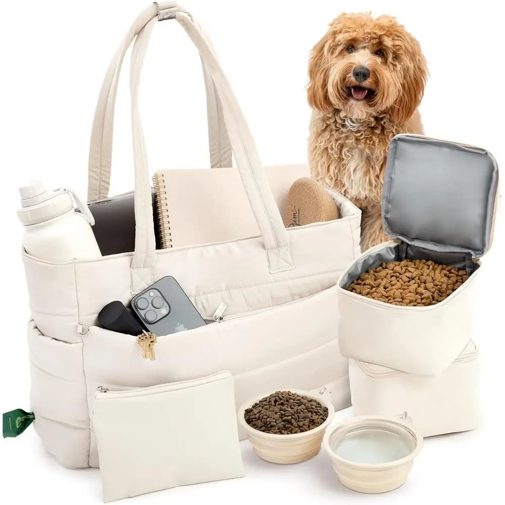 Borsa da trasporto per cani pronta per il viaggio con ciotole integrate e spazio per gli accessori essenziali del tuo animale domestico