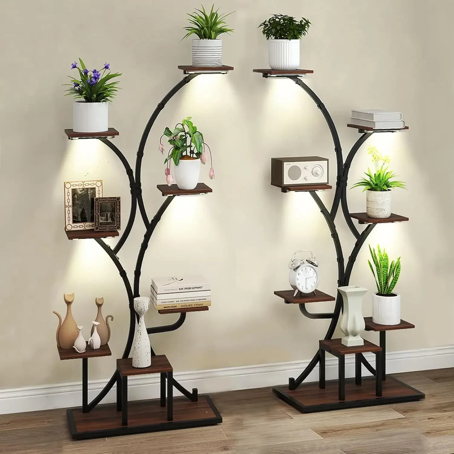 Plant Stand Indoor with Grow Lights, 8-Tier 58" Tall Corner Metal Plant Shelf for Multiple Plants, Decorative Curved Flower Pot