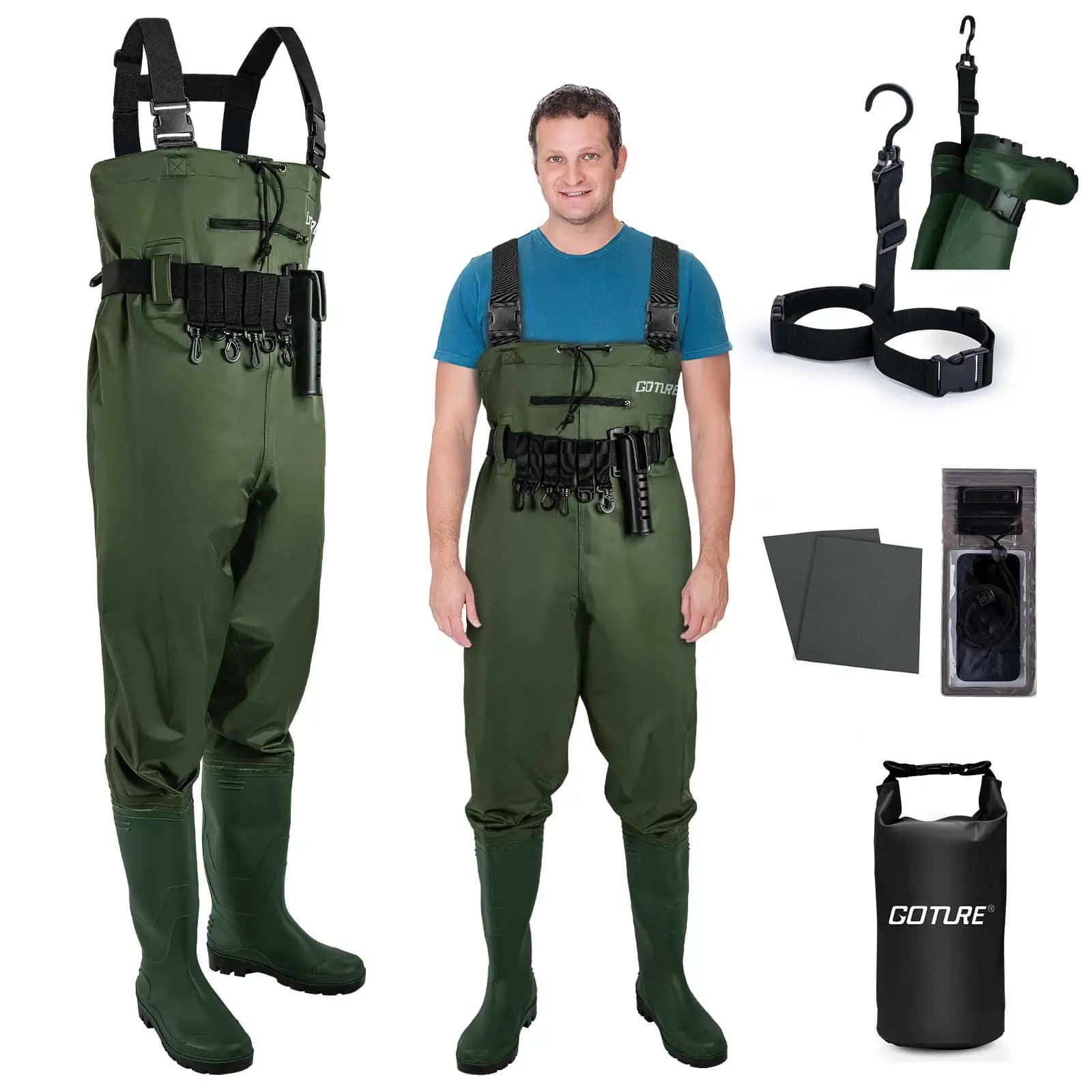 Waterproof Waders Gotures with Integrated Boots, 2-layer Nylon/PVC, with Adjustable Bretelles and Waist Belt, for Men and Women