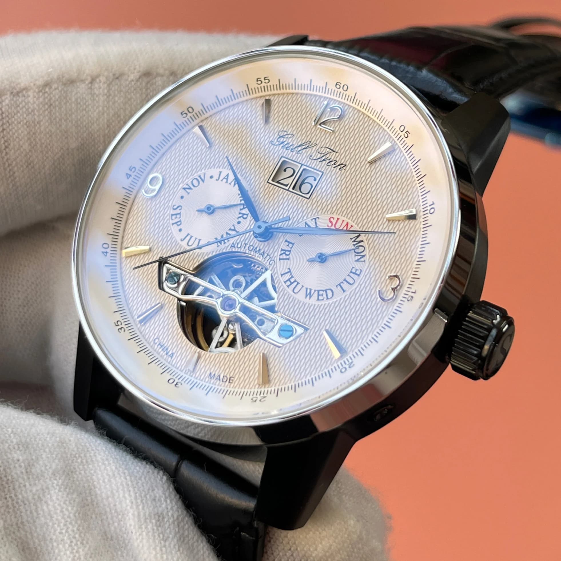 Gull Tron Orologio automatico da uomo 43MM Orologio da polso meccanico Scheletro Multi-quadrante Specchio zaffiro Mese Settimana Data ST25
