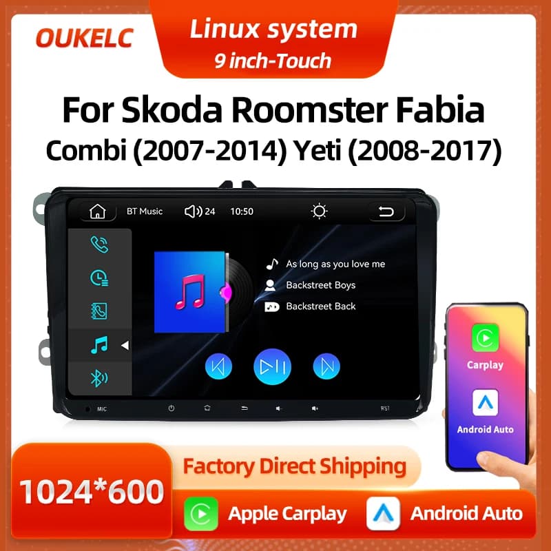 Autoradio Android 9 Pollici per Skoda Roomster Fabia Combi Yeti con Carplay, Navigazione, Multimedia, BT, Schermo IPS, Sistema Linux