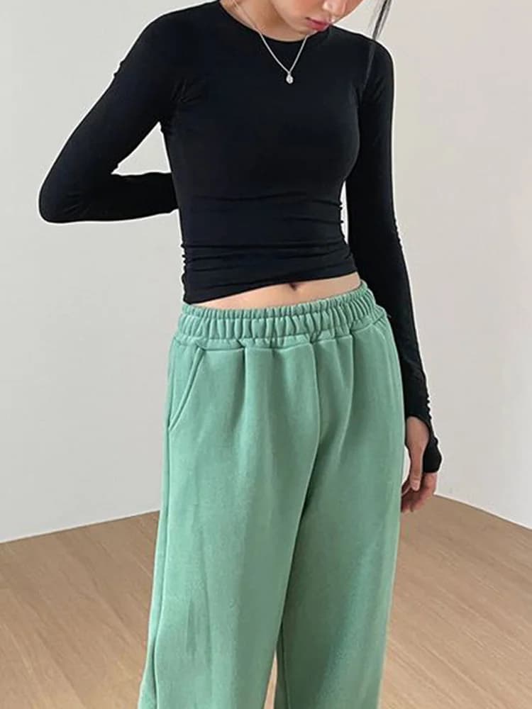 Women Casual Slim Fit Long Sleeve O-Neck T-shirts Tops Spring Fall Solid Color Tees with Thumb Holes Streetwear