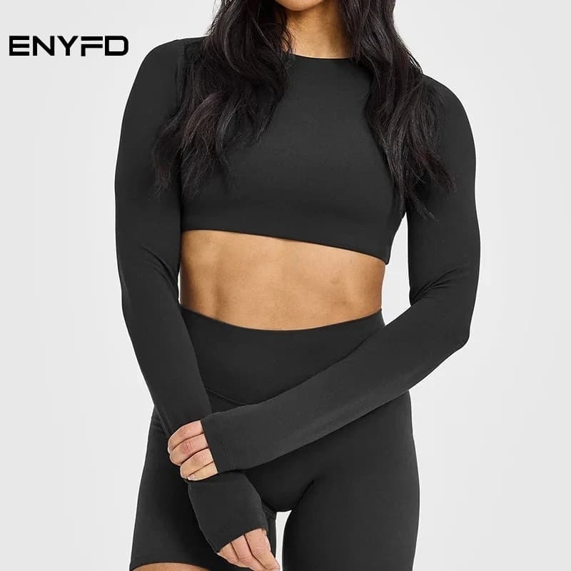 ENYFD T-shirt corta da donna senza schienale a maniche lunghe, traspirante, ad asciugatura rapida, slim fit, per yoga e fitness