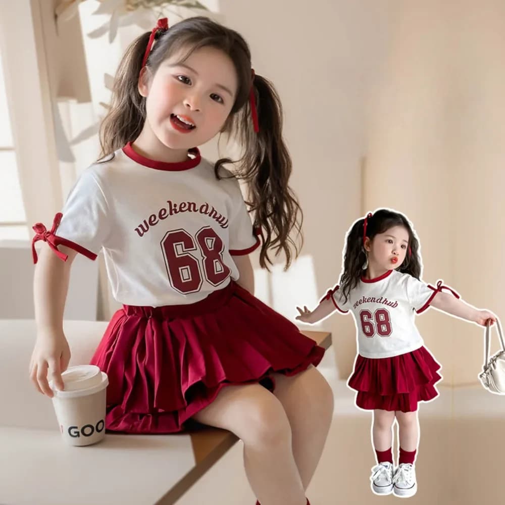 Versione coreana Moda Nuovi set per ragazze Estate Stile college Abbigliamento per bambini Top a maniche corte stampato alfanumerico rosso + gonna