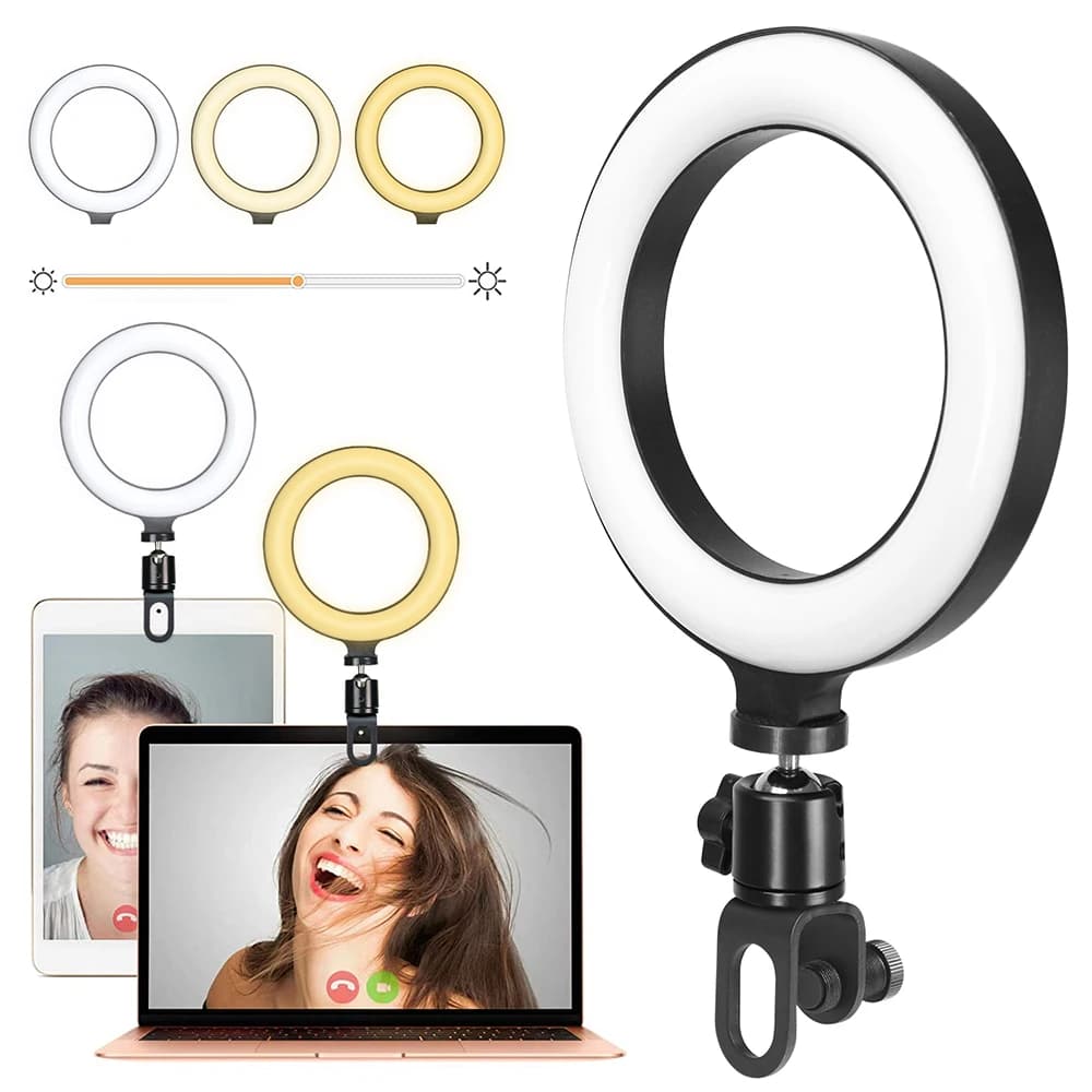Lampade di riempimento Anello luminoso per selfie a LED da 16 cm Anello luminoso per fotografia a LED dimmerabile con clip su treppiede per computer portatile e supporto per telefono