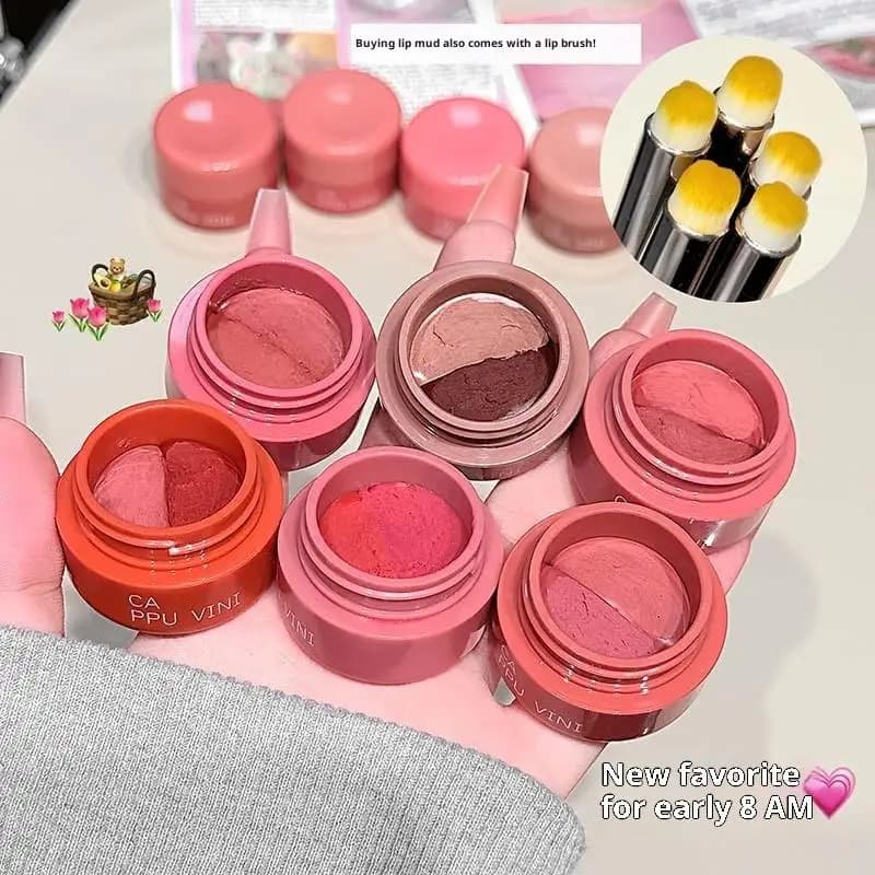 1 Pezzo Cappuvini Rossetto in Crema in Barattolo, Impermeabile, Lunga Durata, Fard per Guance con Pennello per Labbra, Set Trucco Illuminante
