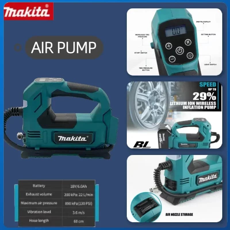 Makita Pompa a batteria portatile Compressore d'aria portatile Gonfiatore per pneumatici Batteria 18V Aria elettrica per pneumatici per biciclette per auto Palla