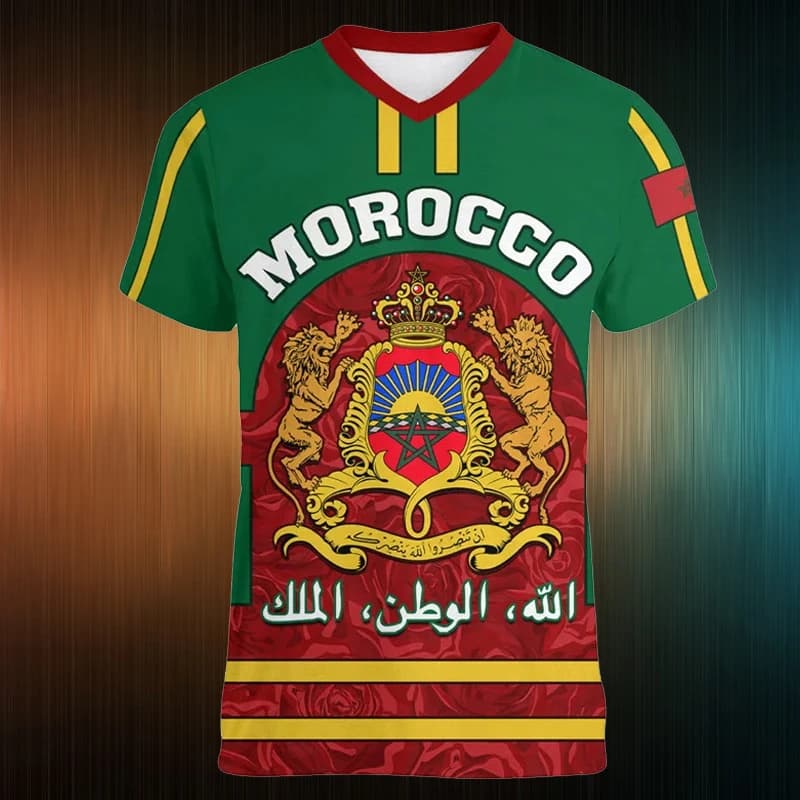 T-shirt da calcio marocco per uomo abbigliamento t-shirt sportiva marocchina stampata in 3d con scollo a V magliette da palestra manica corta Casual oversize