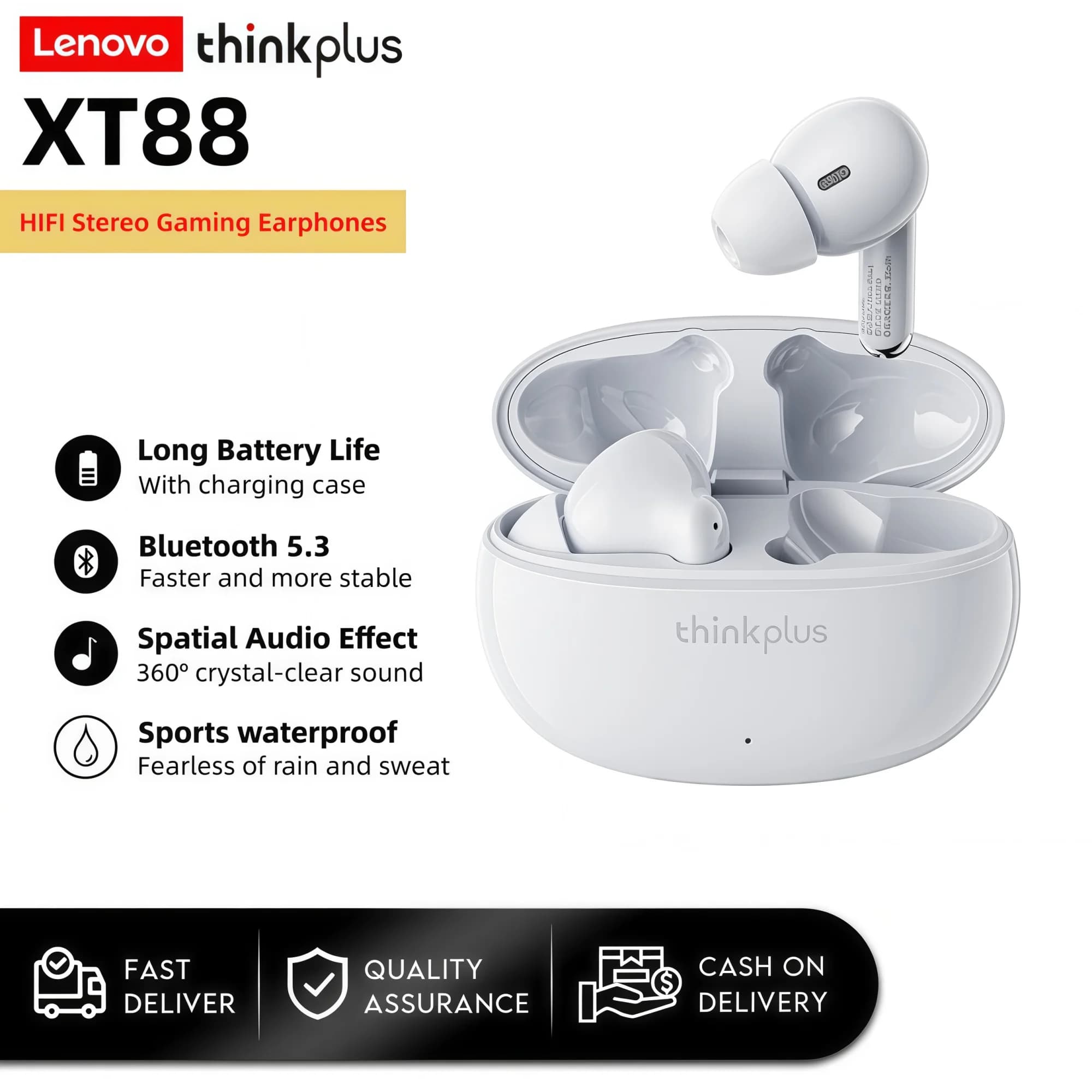 Auricolari Lenovo XT88 TWS Bluetooth 5.3 Suono HiFi Riduzione del rumore Controllo touch Lunga durata della batteria Cuffie sportive con microfono