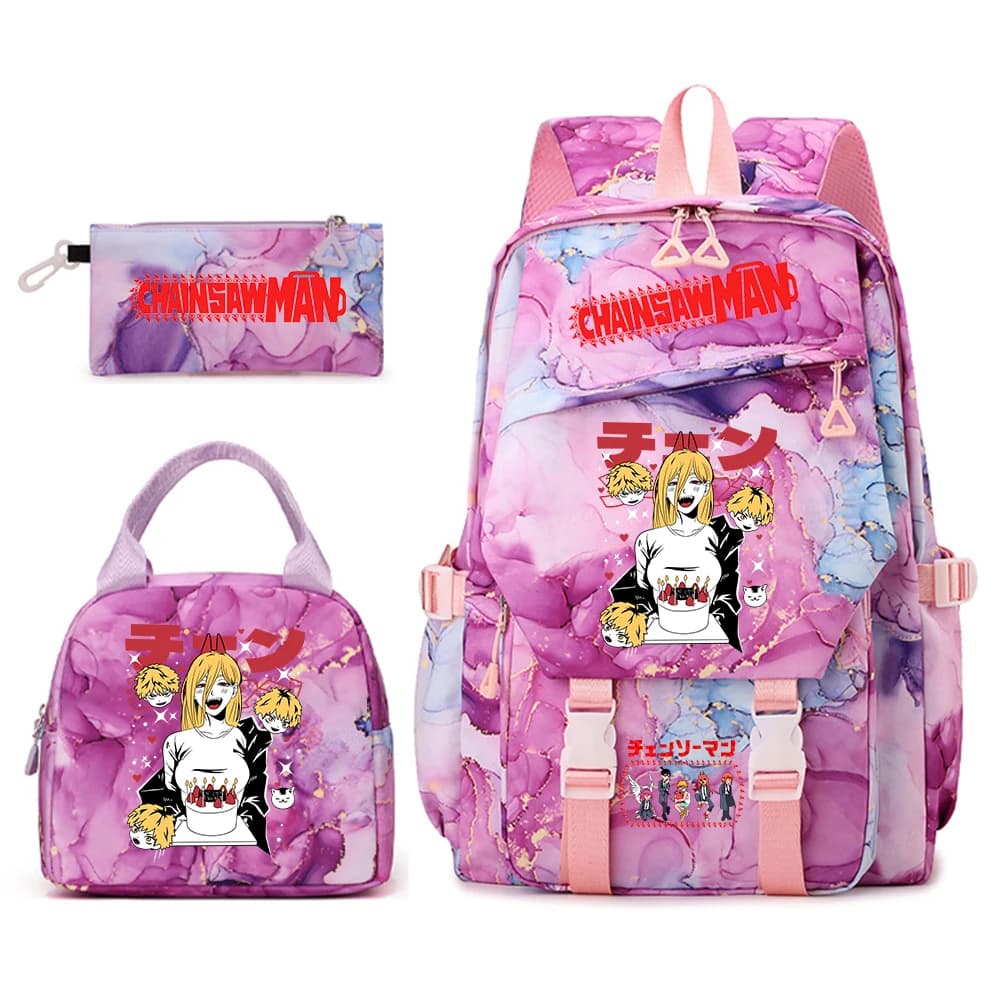 Anime Student Bookbag Set for Girls Chainsaw Man Print School Backpack with Lunch Bag Pencil Case 3PCS