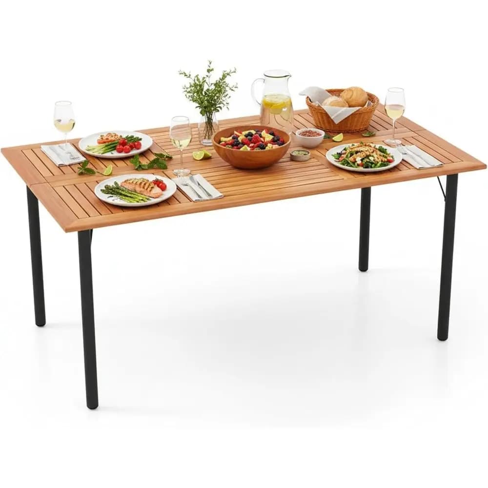 Tavolo da Pranzo da Esterno in Acacia per 6 Persone, Gambe in Metallo, Foro per Ombrellone, Adatto per Uso Interno/Esterno
