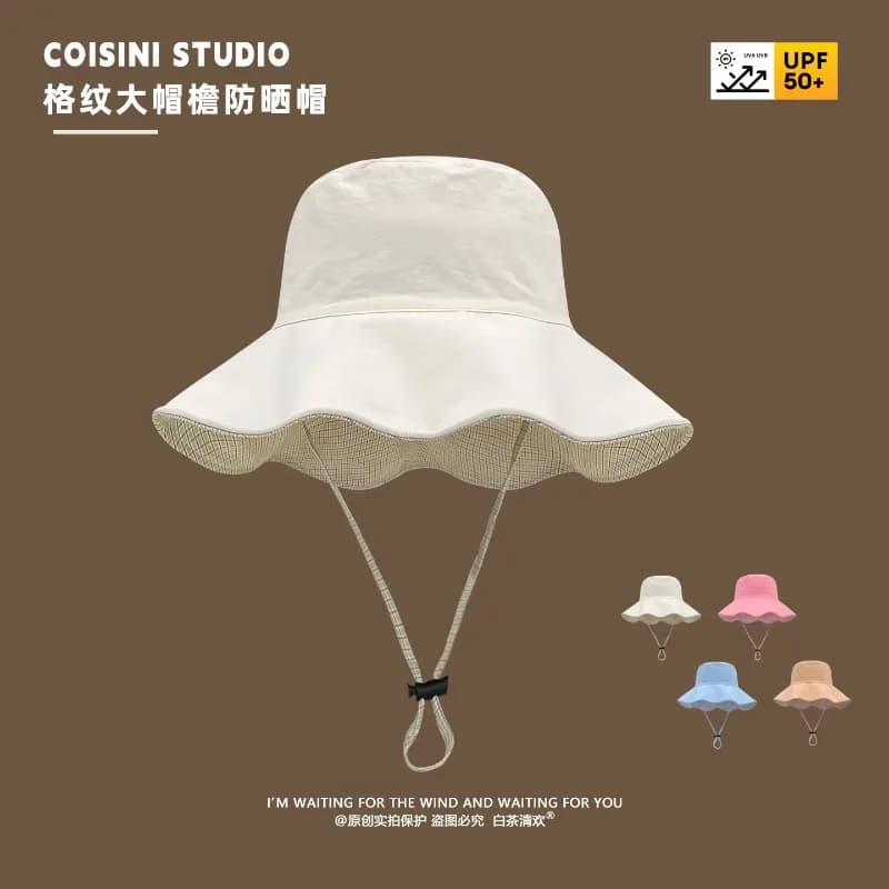 Nuovo Cappello Estivo alla Moda Reversibile con Motivo a Quadri e Abbinamento di Colori, Cappello a Secchiello con Tesa Larga per Donna, Protezione Solare da Esterno con Cordoncino
