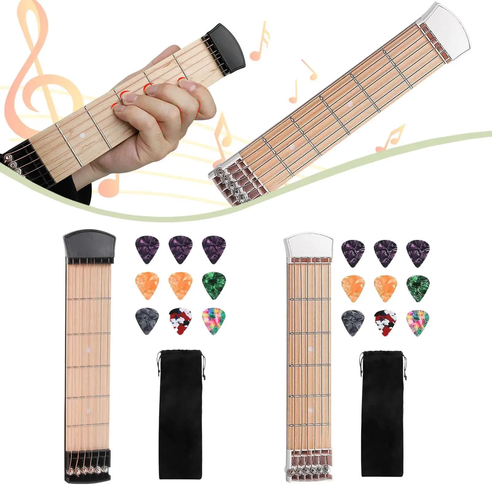Pocket guitar with 9-piece picks, mini, with velvet bag, lightweight