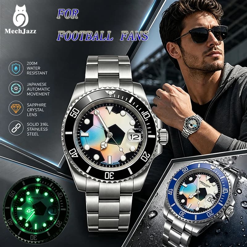 MechJazz Official Flagship Store Football Themed Sports Men's Automatic Mechanical Dive Watch, Luminous Dial, 50M Waterproof