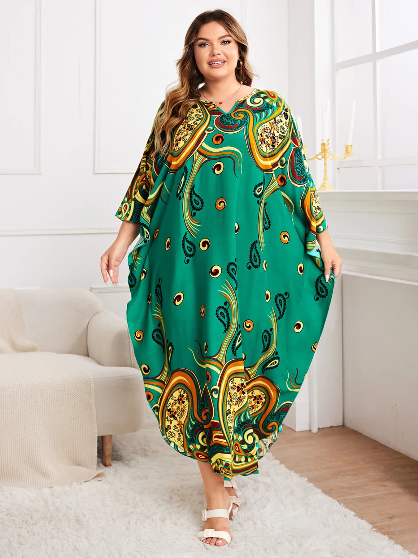 Spring and Summer New Style Middle Eastern Elegant Loose Robe European and American Seaside Vacation Printed Slit Long Dress Fashionable Temperament Commuting V-Neck Plus Size Dress