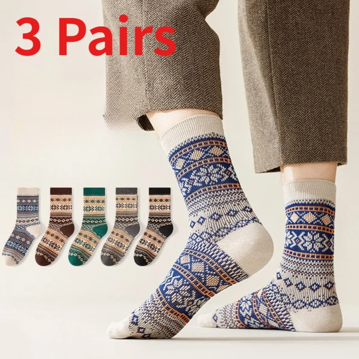 1/3 Pairs Men Autumn Winter Cotton Crew Socks Double Needle Anti Pilling Retro Ethnic Totem Print Vintage Streetwear Mid Calf
