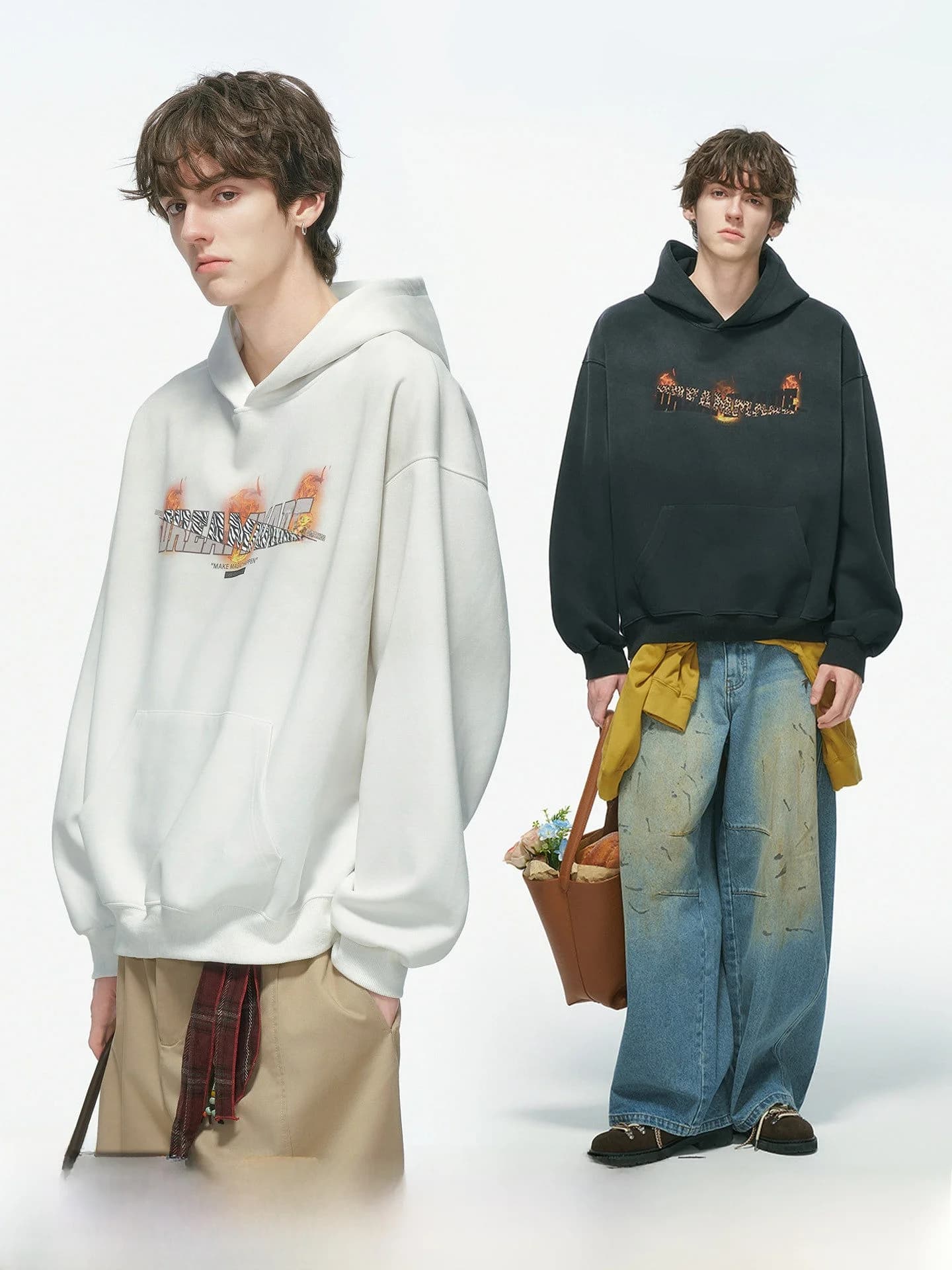 American Design Sense Flame Print Hoodie Men's Spring Autumn Heavyweight Washed Outerwear Casual Long Sleeve Sweatshirt