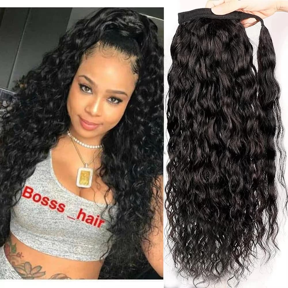 Water Wave Ponytail Extensions Human Hair Magic Paste Natural Black Around Pony Hair Extensions Brazilian Remy Human Hair