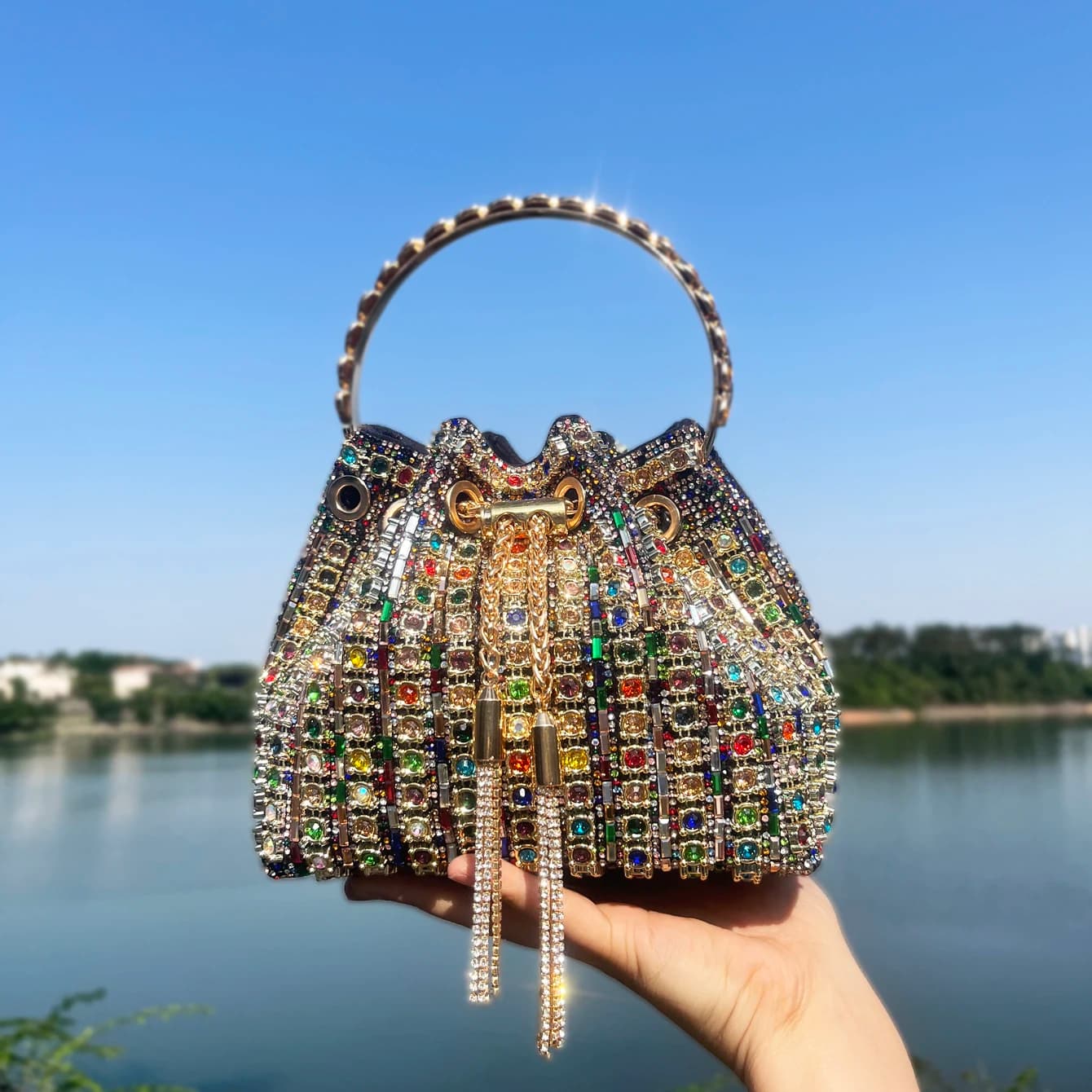 Luxury Crystal Rhinestone Bucket Clutch Purse Designer Women Shoulder Handbag Evening Banquet Crossbody Bag