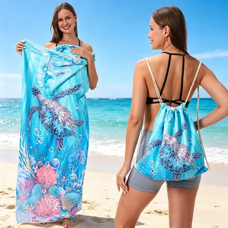 Borsa porta-telo mare convertibile 2-in-1, zaino pieghevole in microfibra ad asciugatura rapida, sacca con coulisse anti-sabbia per viaggi in spiaggia