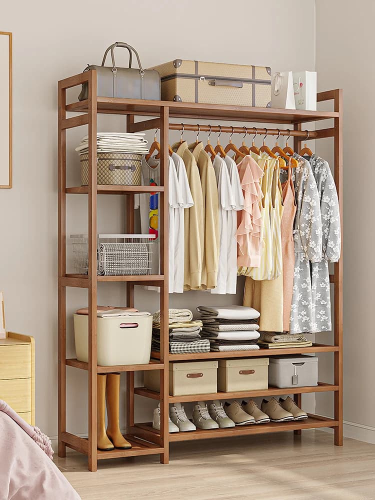 Armadio guardaroba economico in legno per camera da letto, stendibiancheria, scaffale porta tessuti e biancheria da letto, appendiabiti da terra