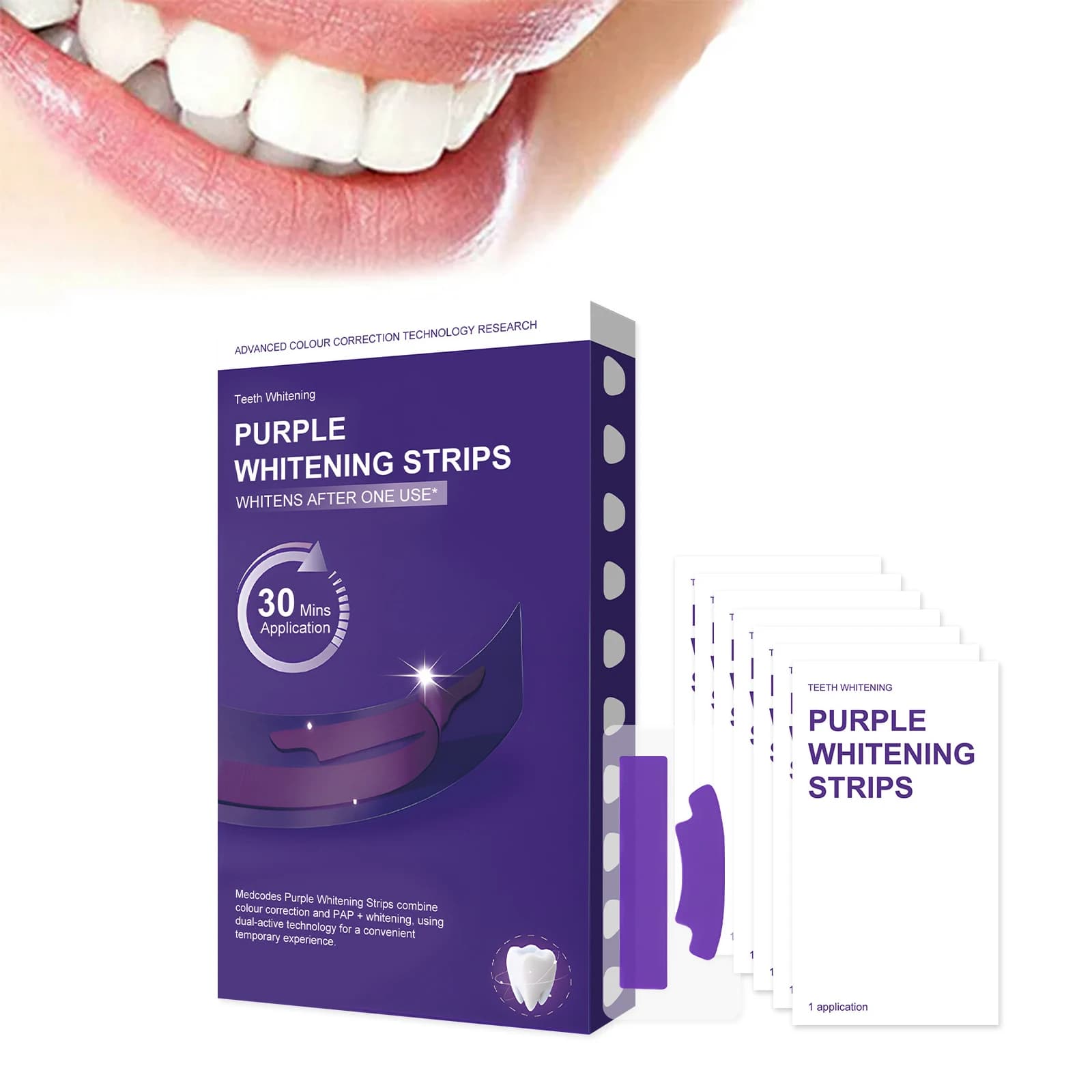 Strisce Sbiancanti per Denti Viola, Rimozione Macchie, Sbiancamento Denti, Sorriso Luminoso, Riduzione della Sensibilità, Igiene Orale, Cura Dentale Professionale