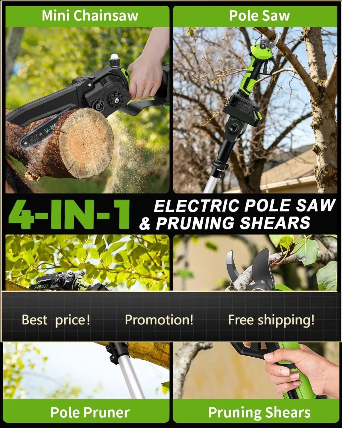 Bestseller4-in-1 Cordless Pole Saw&Electric Pruning Shear, 8" 15Ft Reach, 2 Batteries | Battery Powered Pole Saw for Tree Trimmi