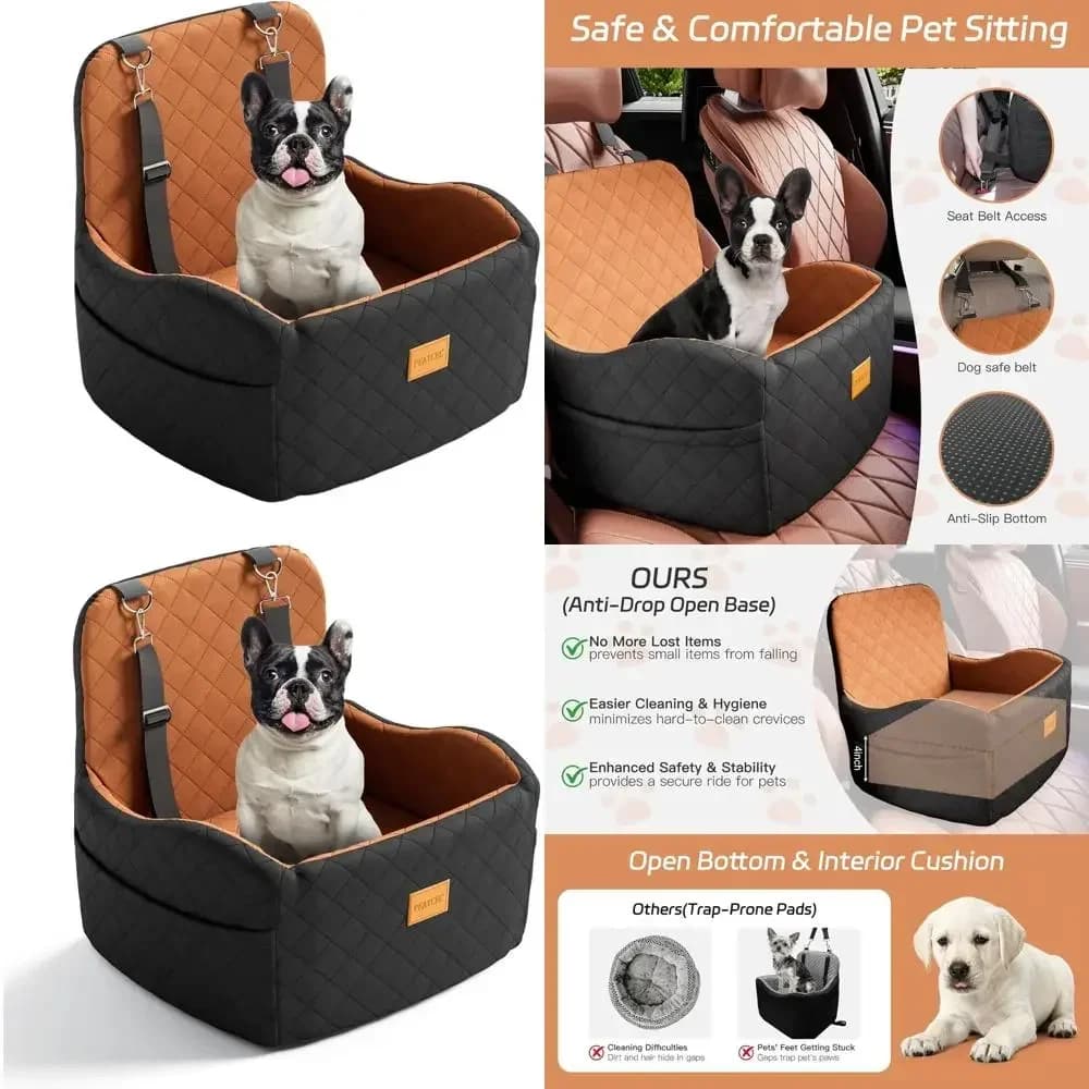 Small/medium sized pet raised travel seat for pets up to 35 pounds, removable and washable, 2 pockets, safety belt, non-slip, seamless
