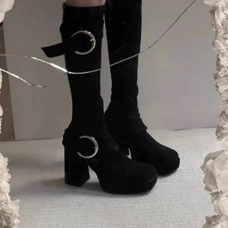 Long-leg Boots Autumn Winter New Square Toe Cow Suede Side Zip Metal Buckle Platform Block Heel Shoes